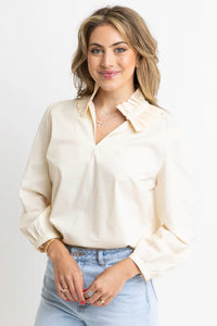 Solid Poplin Ruffle Neck Top