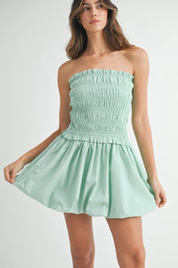 Shirred Stripe Strapless Balloon Mini Dress