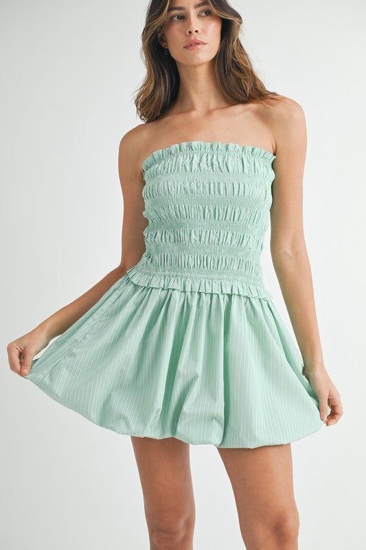 Shirred Stripe Strapless Balloon Mini Dress