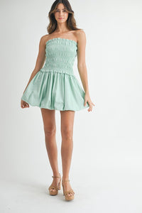 Shirred Stripe Strapless Balloon Mini Dress