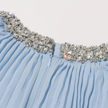 Load image into Gallery viewer, Crystal Trim Pleated Feather Sleeve Maxi Dress
