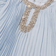 Load image into Gallery viewer, Crystal Trim Pleated Feather Sleeve Maxi Dress
