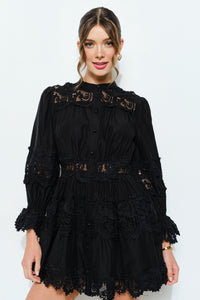 Delicate Lace-panel Button-up Flare Mini Dress