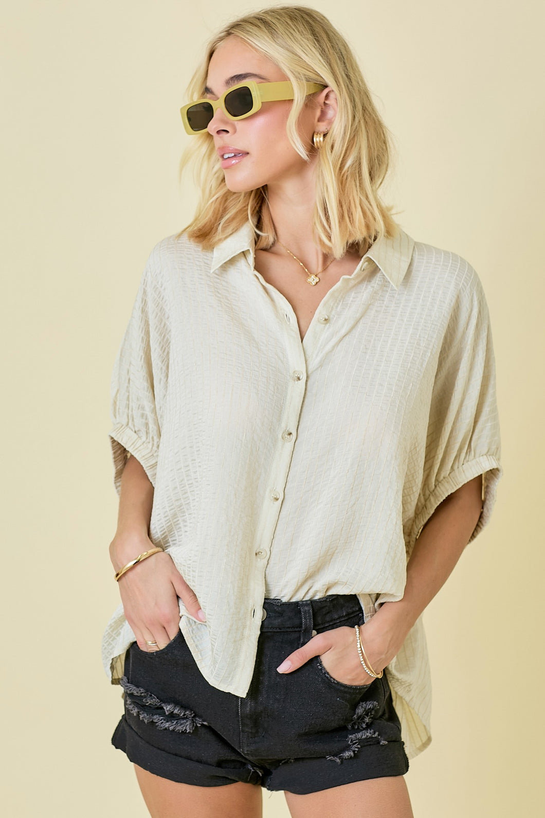 Sheer Textured Stripes Button Down Oversized Shirt