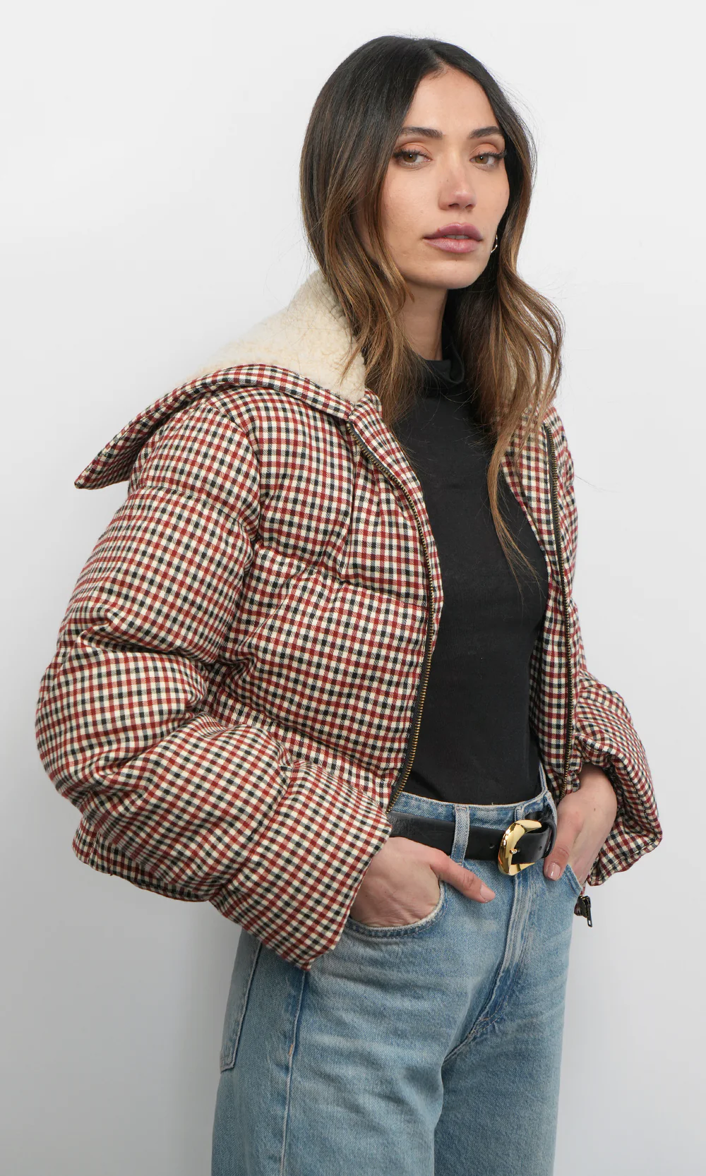 Sally Gingham Puffer w/ Sherling Collar