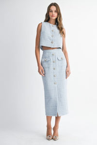 Sleeveless Tweed Crop Top And Midi Skirt Set