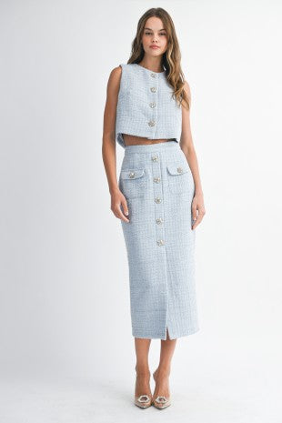 Sleeveless Tweed Crop Top And Midi Skirt Set