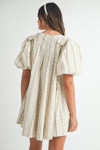 Striped Floral Print Puff Sleeve Mini Dress