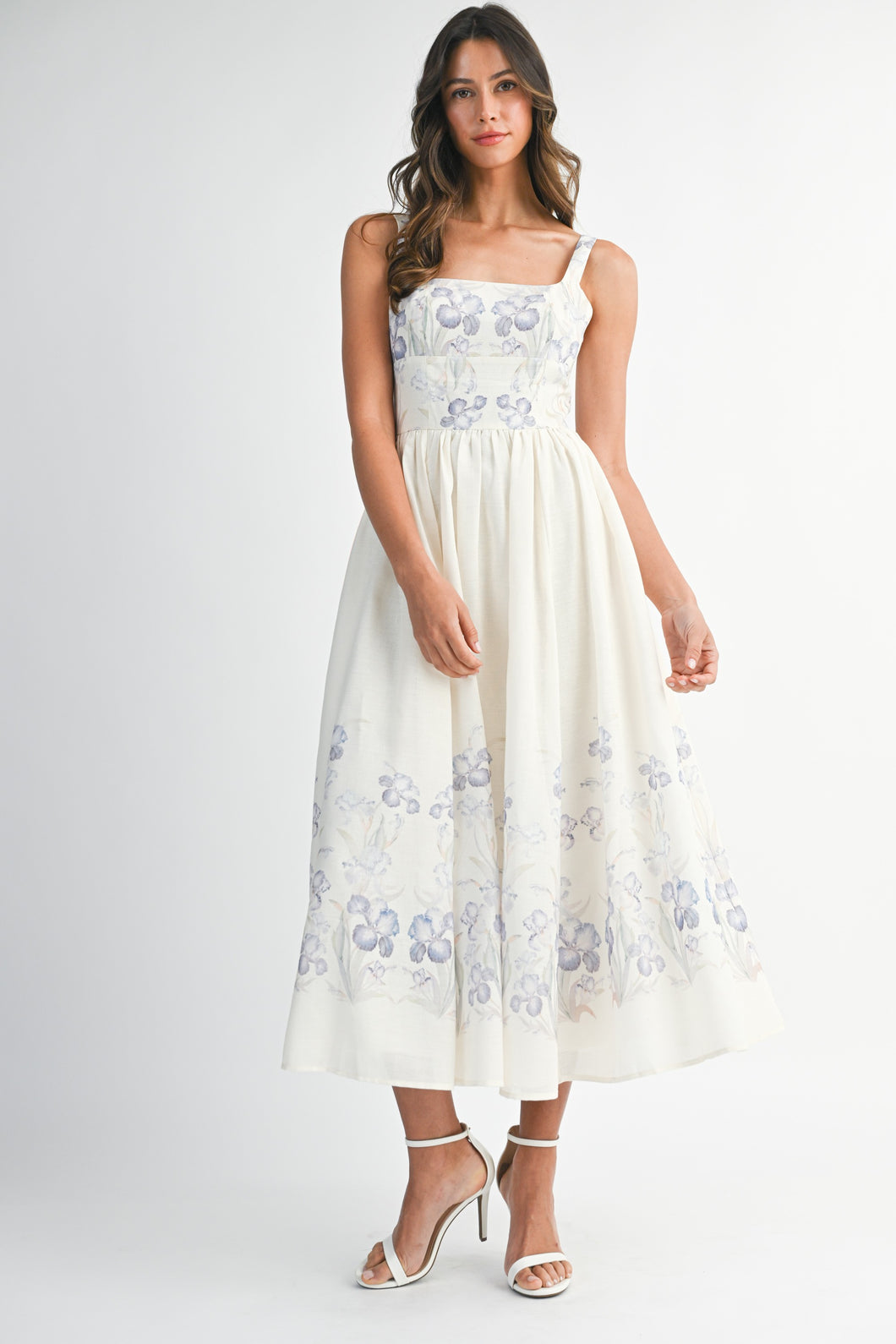 Floral Print Square Neck Shouder Strap Midi Dress