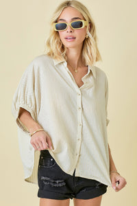 Sheer Textured Stripes Button Down Oversized Shirt