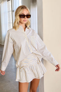 Striped Oversized Button Down Shirt and Ruffle Skort Set