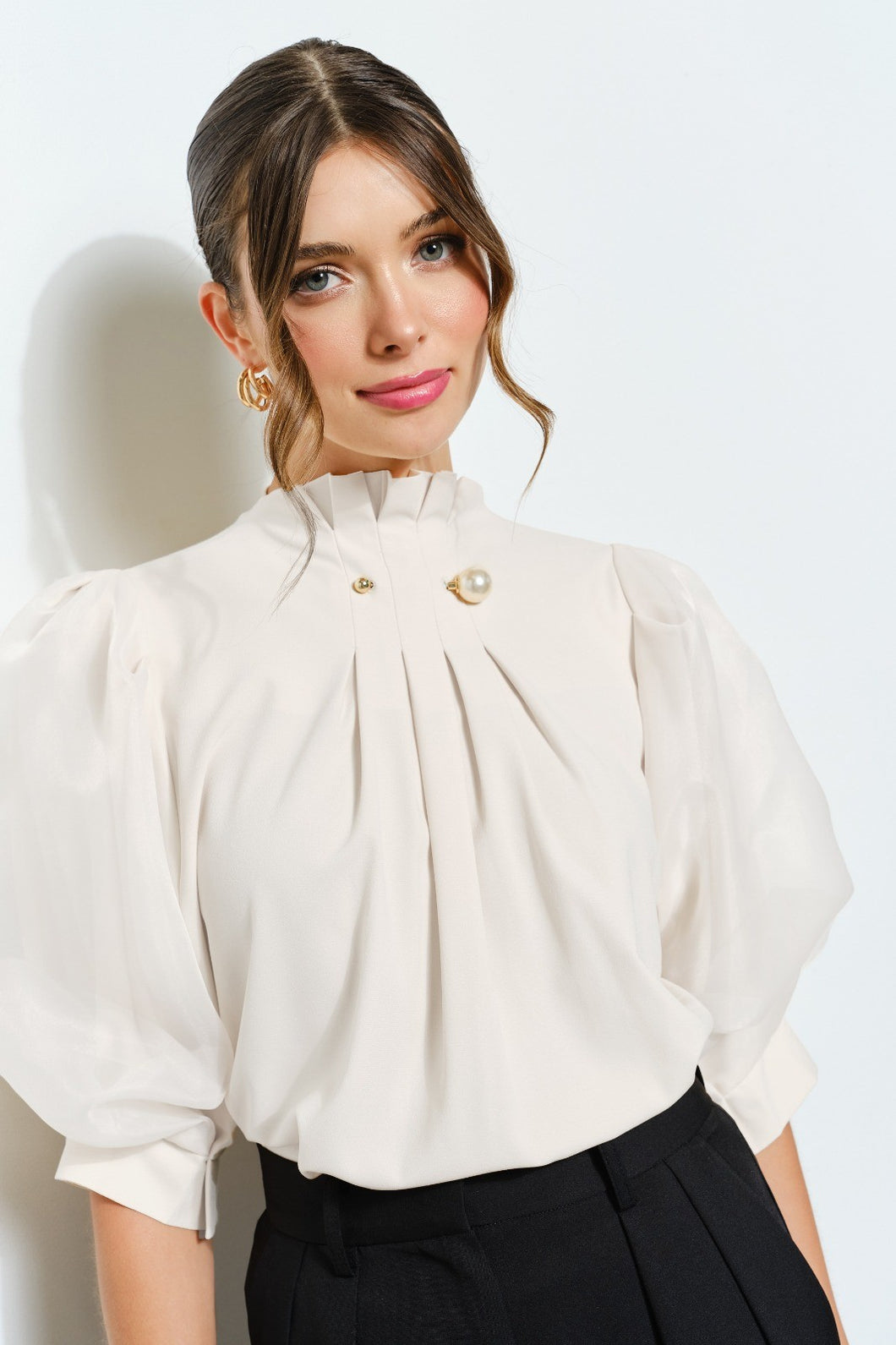 Pearl Detail Sheer Puff Sleeve Pleated Blouse