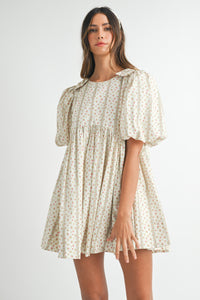 Striped Floral Print Puff Sleeve Mini Dress