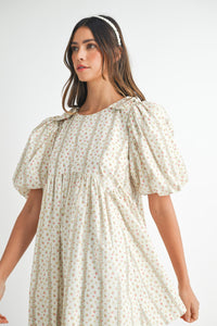 Striped Floral Print Puff Sleeve Mini Dress