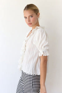 V-neck Lace Ruffle Puff Sleeve Blouse