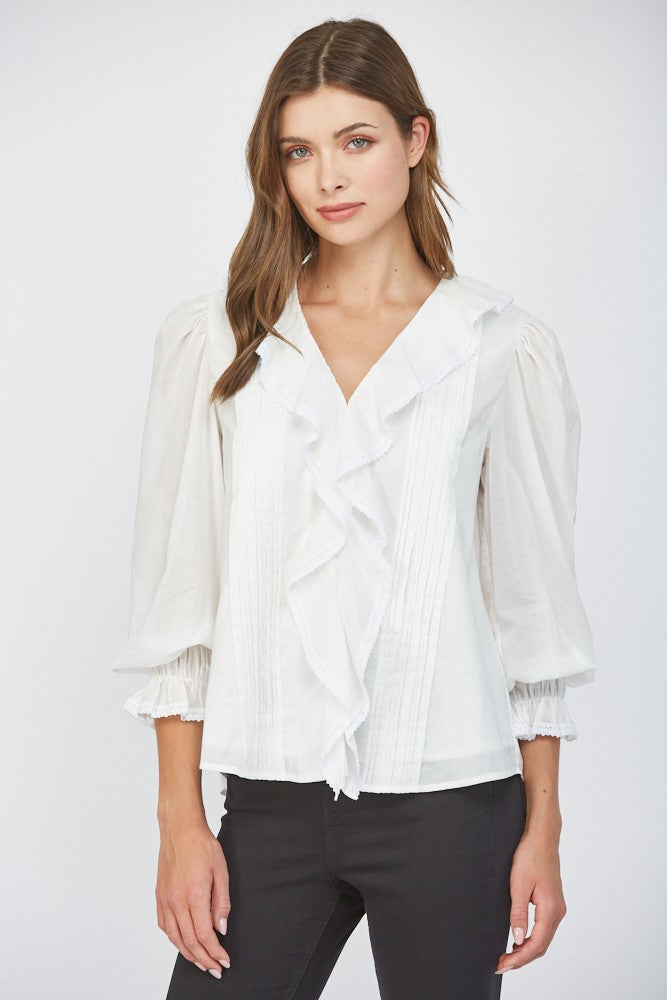 Lace Detail Ruffled V-Neck Blouse