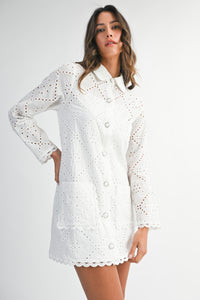 Eyelet Lace Long Sleeve Button Down Mini Dress