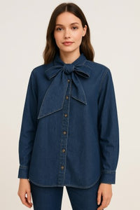 Bow Tie Detail Washed Denim Shirt