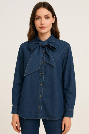 Bow Tie Detail Washed Denim Shirt