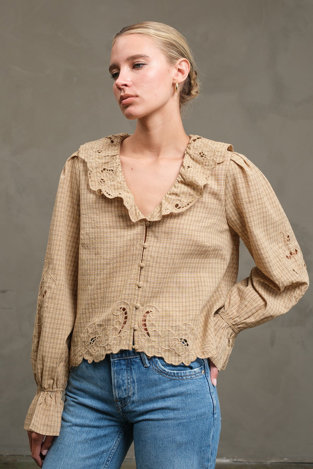 Ruffle Embroidered Check Blouse