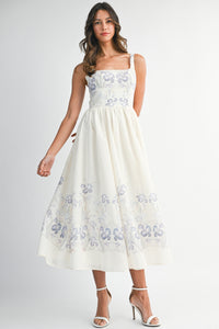 Floral Print Square Neck Shouder Strap Midi Dress